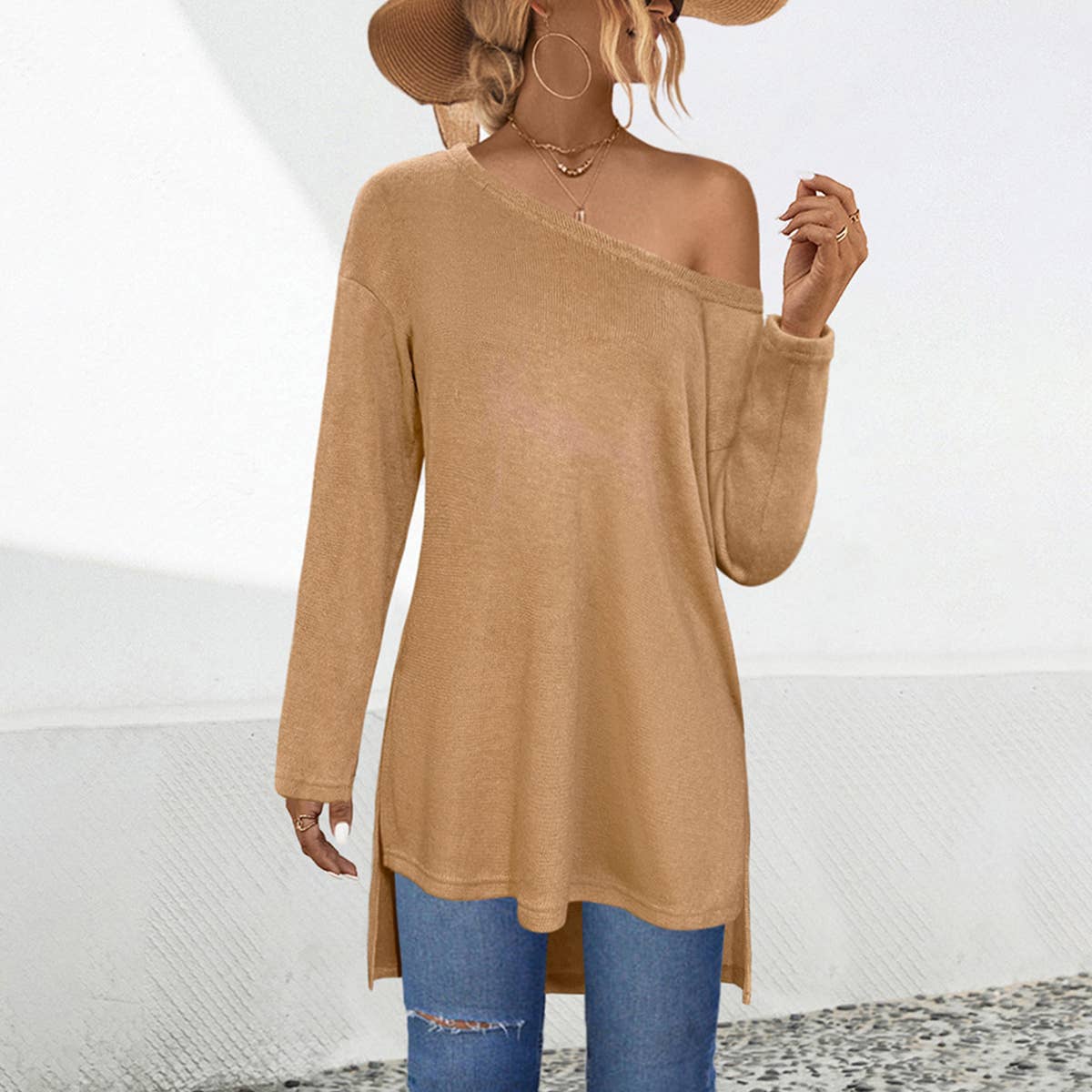 Off-The-Shoulder Split Irregular Knitwear_Cwtbll1755