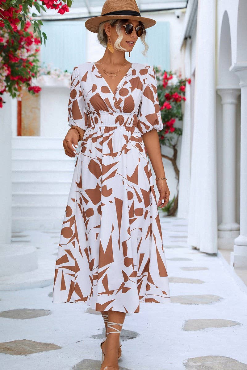 CWDMD2751_V NECK GEOMETRIC PRINT DRESS