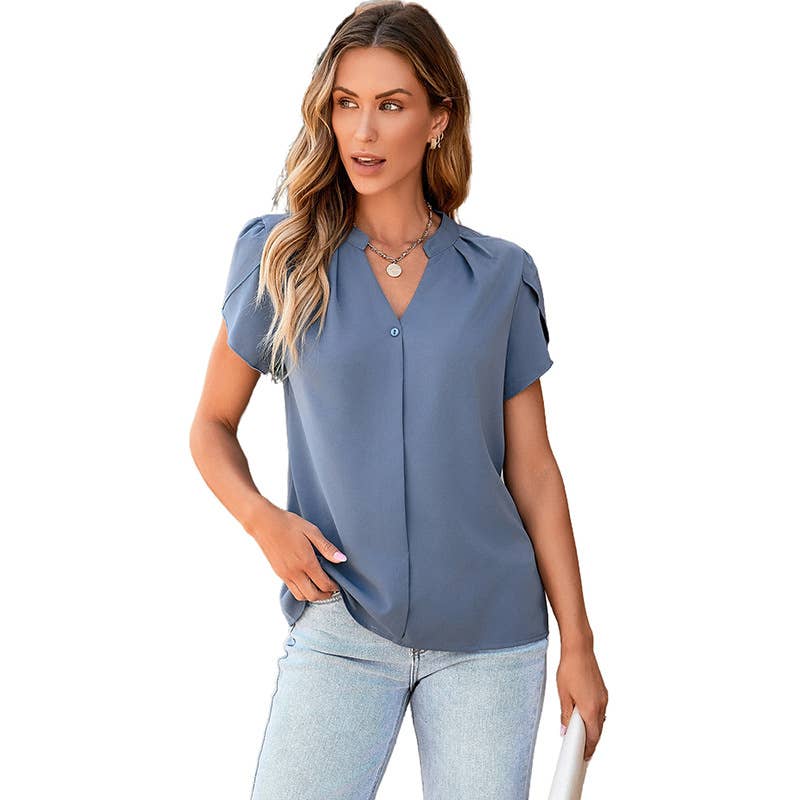 V-neck chiffon body-hugging solid color pullover