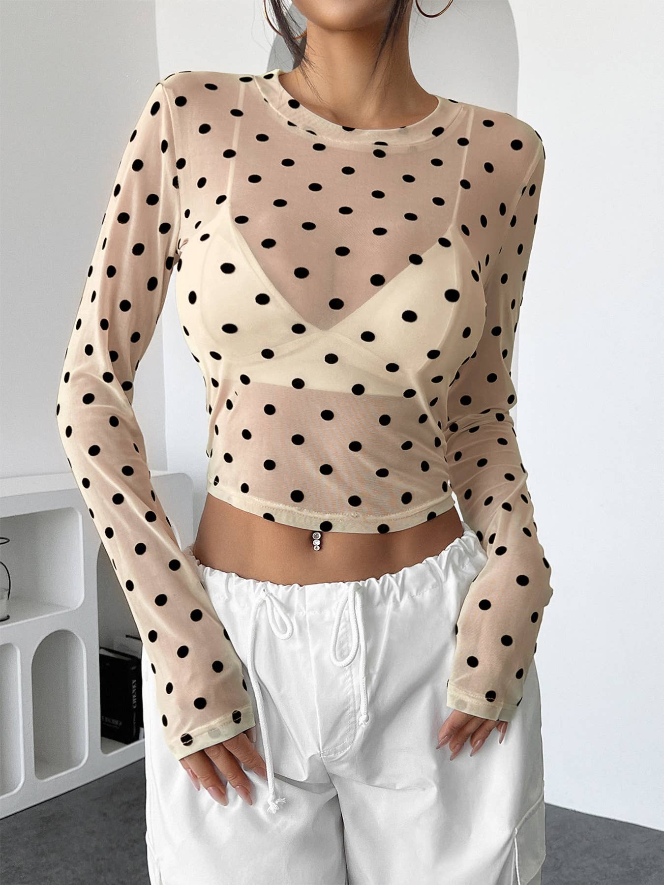 See-through polka dot slimming mesh T-shirt