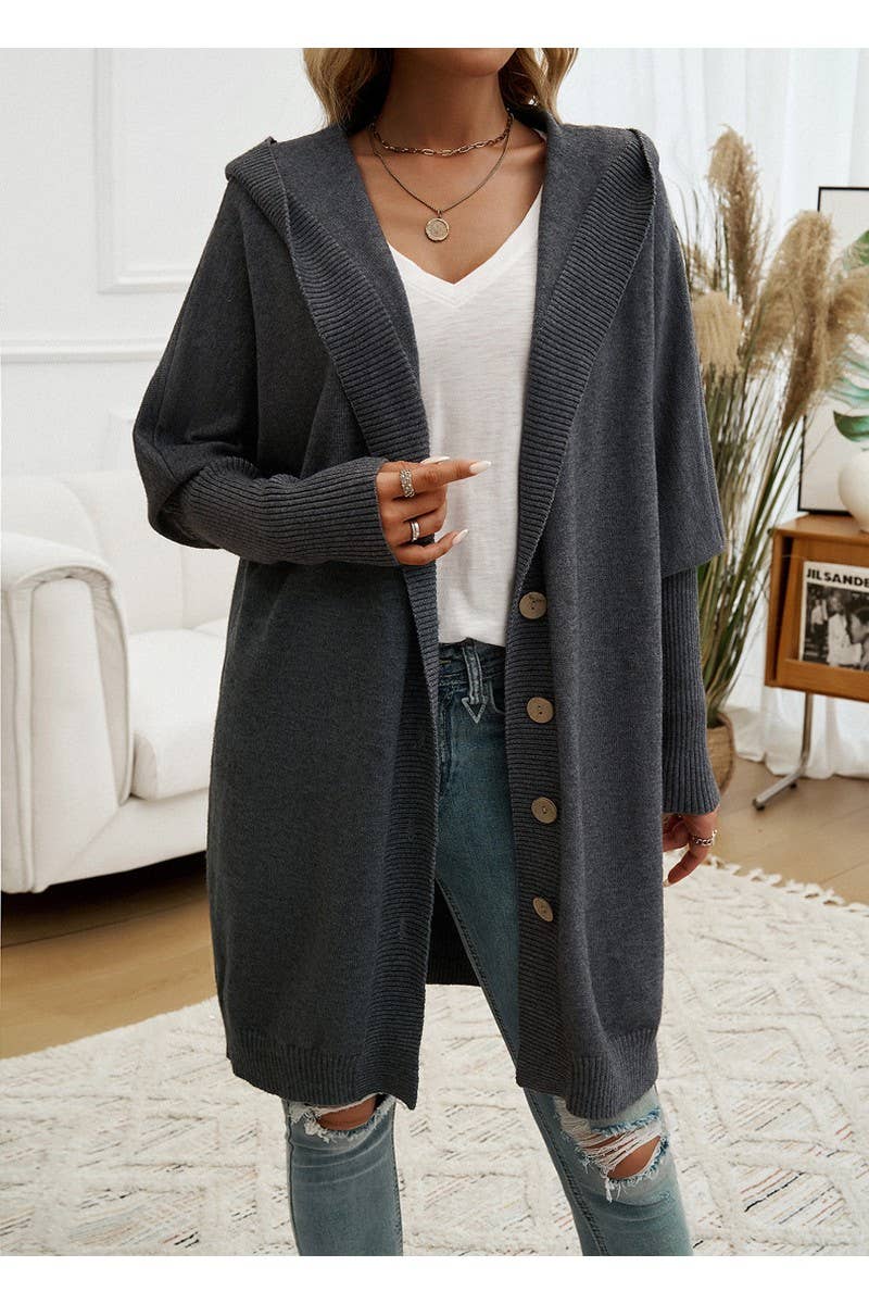 CWOCAL0873_Button Up Hooded Knit Sweater Long Cardigan
