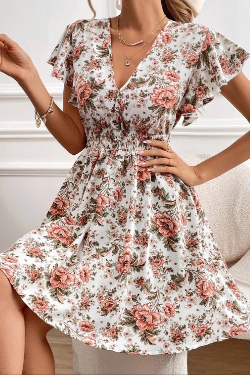 CWDSD10544_ELEGANT FLUTTERING SLEEVE WAIST FLORAL DRESS