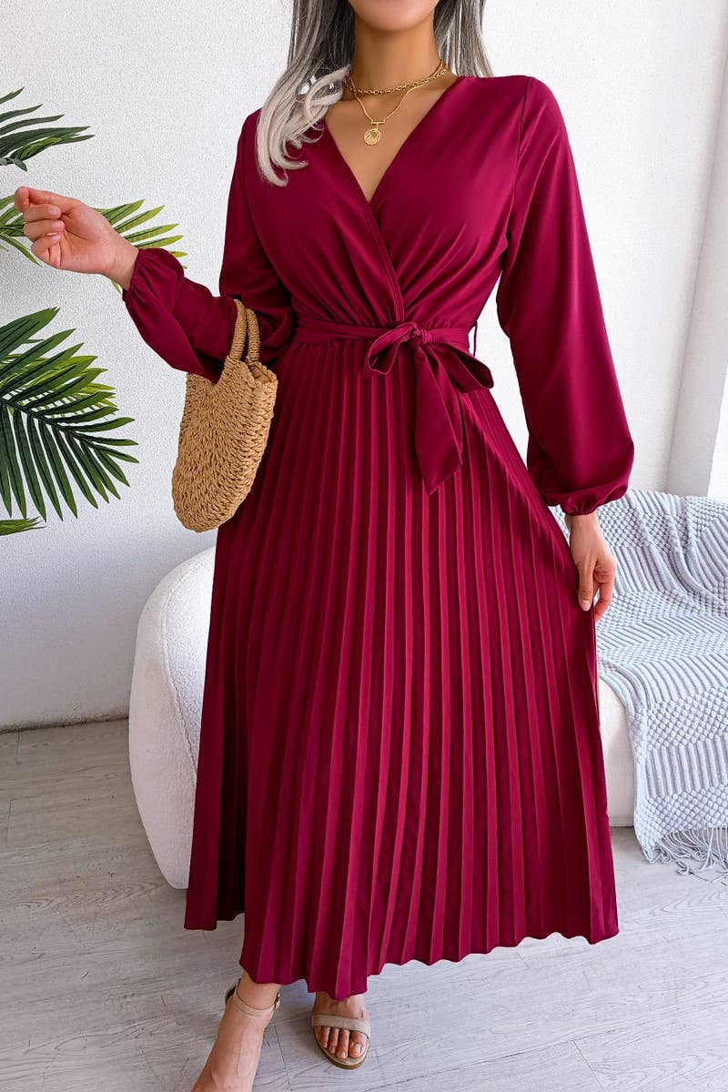SOLID V NECK PLEATED LONG SKIRT_CWDMD0762