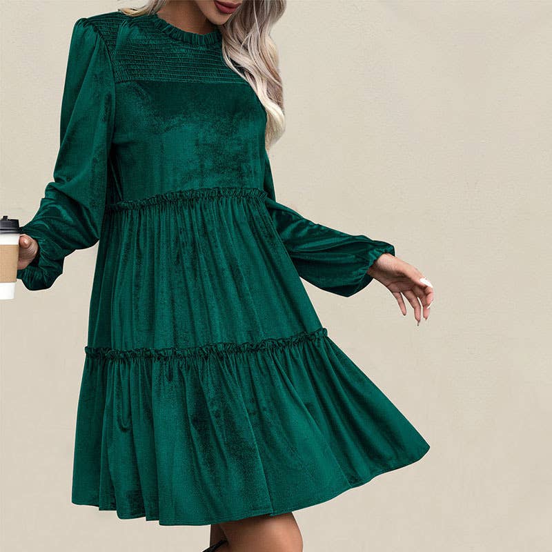 VELVET RUFFLED PATCHWORK PULLOVER DRESS