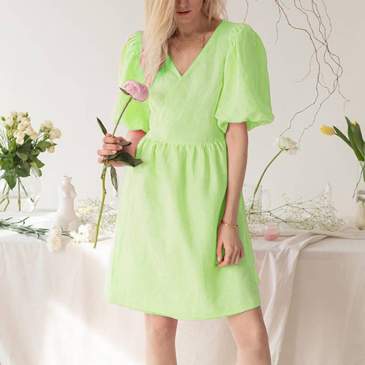 V-NECK PUFFED SLEEVE COTTON LINEN DRESS