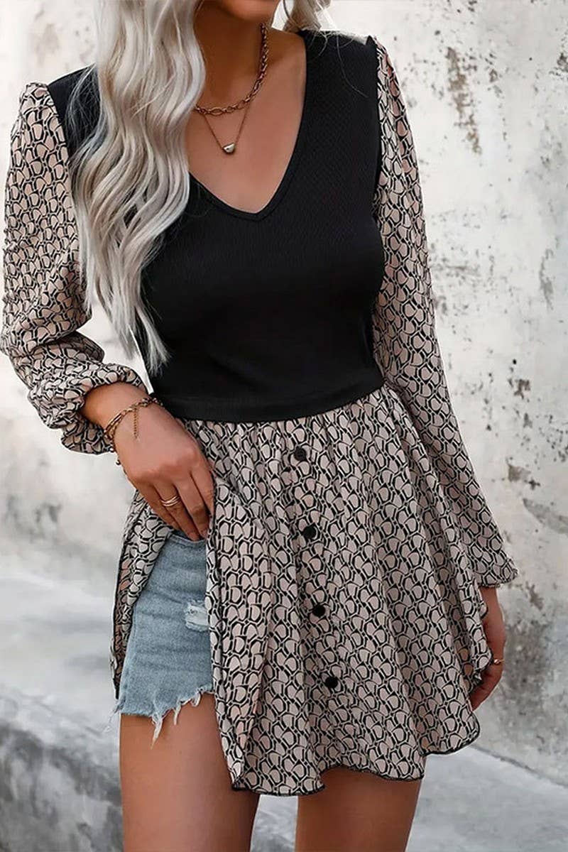 CWDSD7716_SUMMER SPLICING BUTTON DEEP V HEM IRREGULAR DRESS