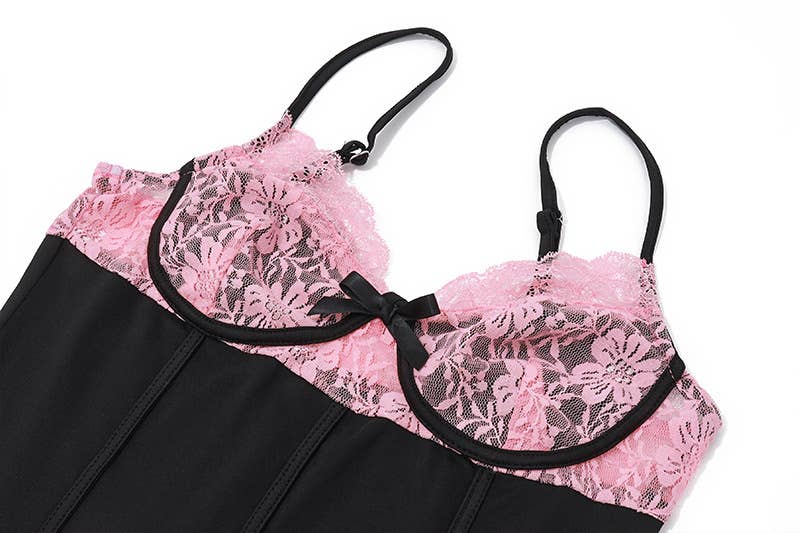 Lace strappy top lace-up cinched waist skirt set