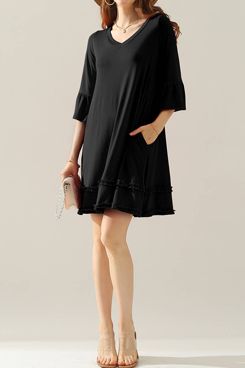 CWDSD10355_SMALL RUFFLE DETAILS 3/4 SLEEVE TIERED DRESS