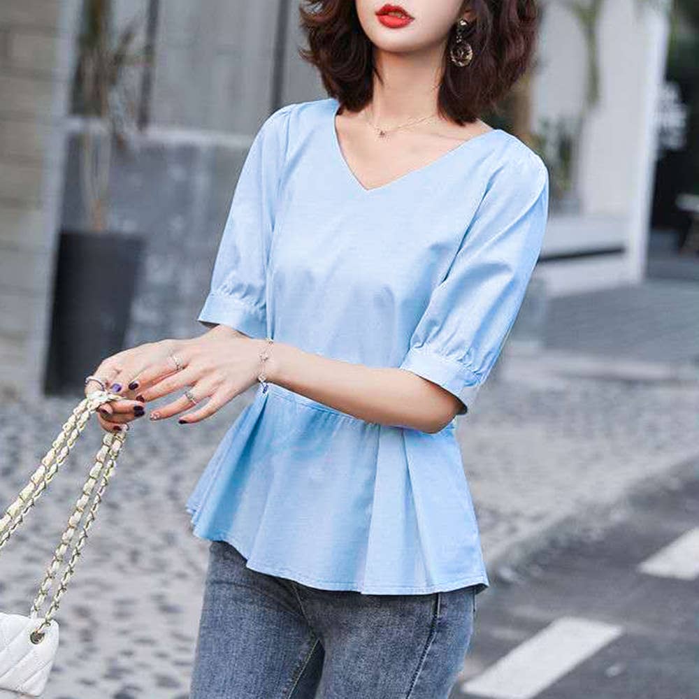 Slim short-sleeved T-shirt with tight waist V-neck