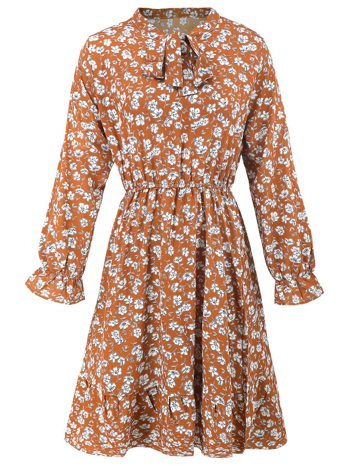 Waist-Cinched Floral Ruffle Bell Sleeve Dress