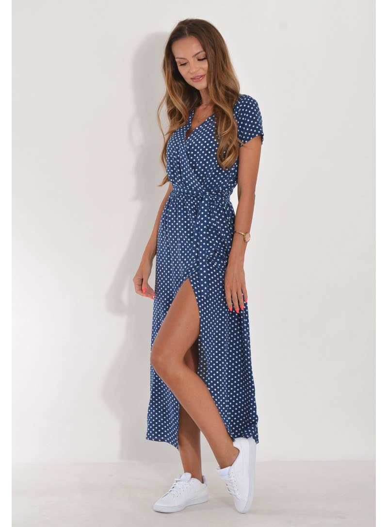 Abstract print V-neck lace-up long slit dress