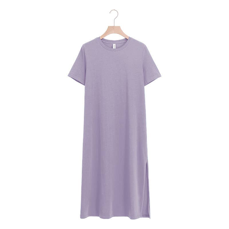 Solid color short-sleeved long cotton split dress