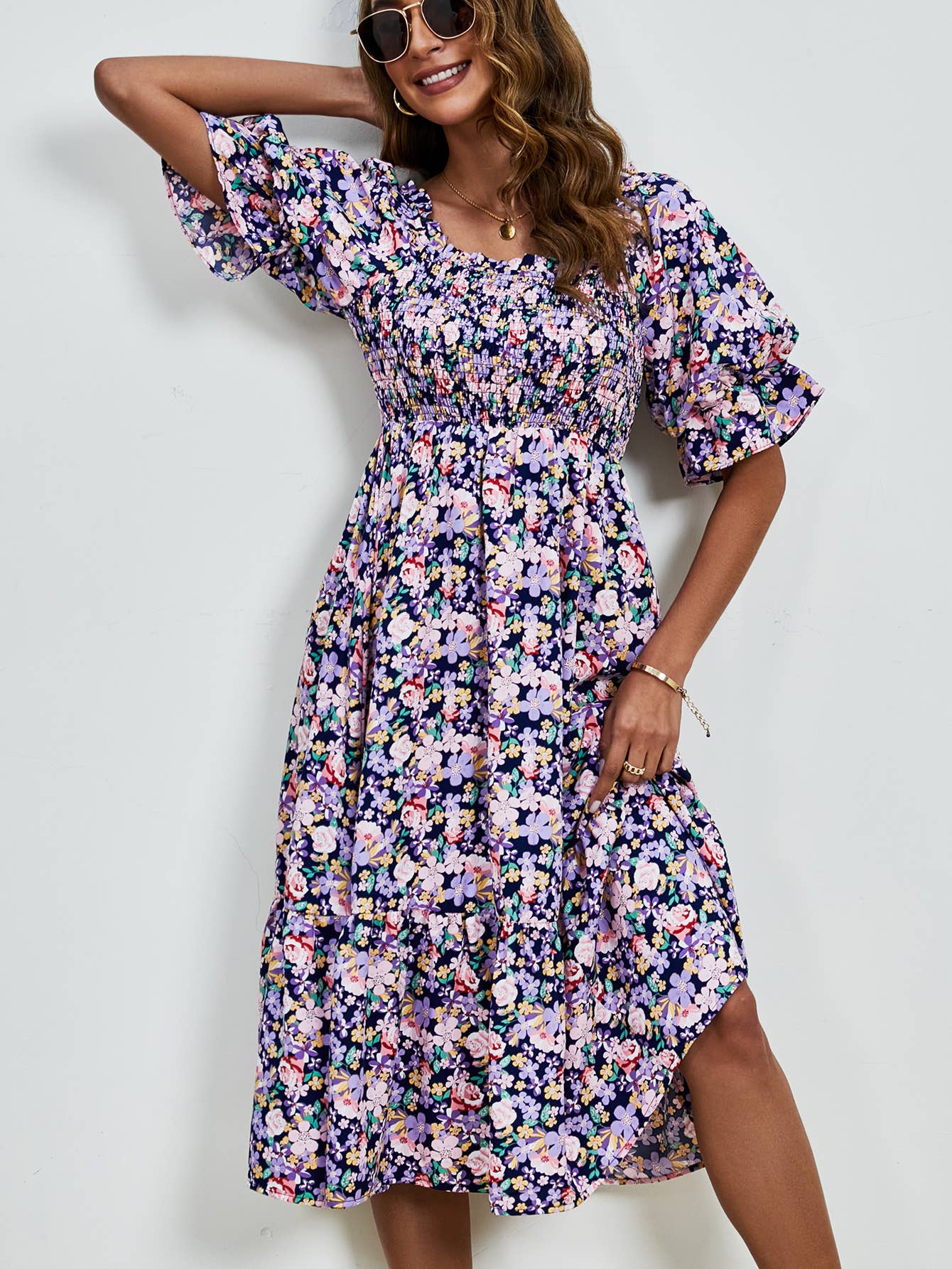 Print pleated square collar puffed sleeves dress