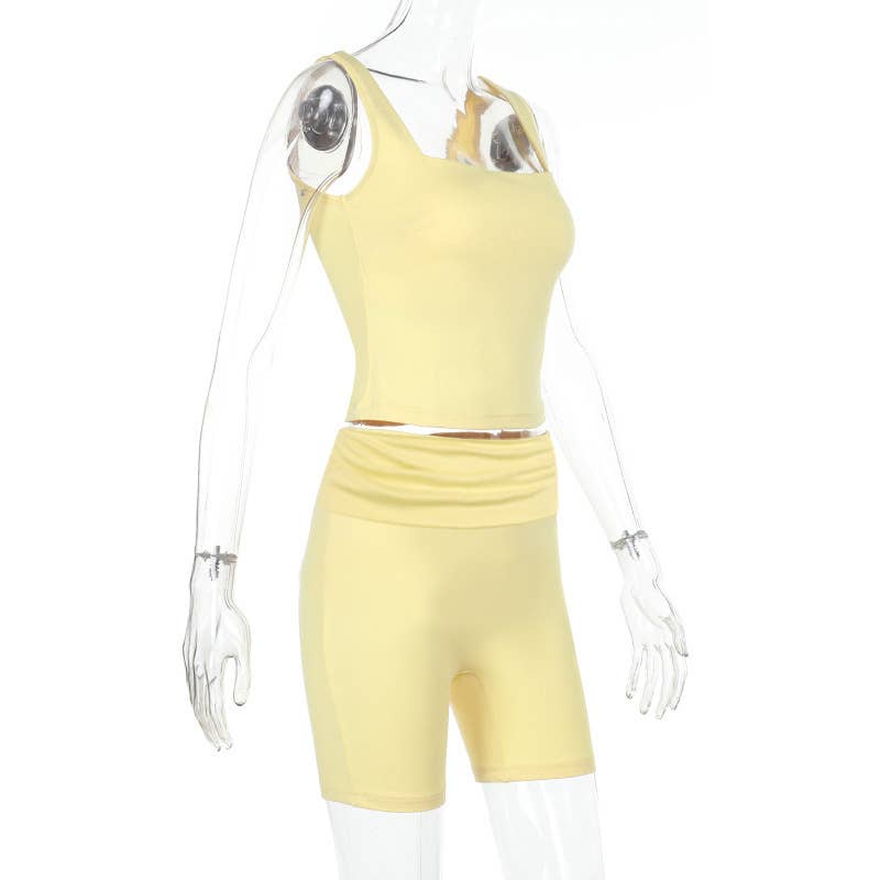 Square Neck Pleated Trendy  Crop Top Set