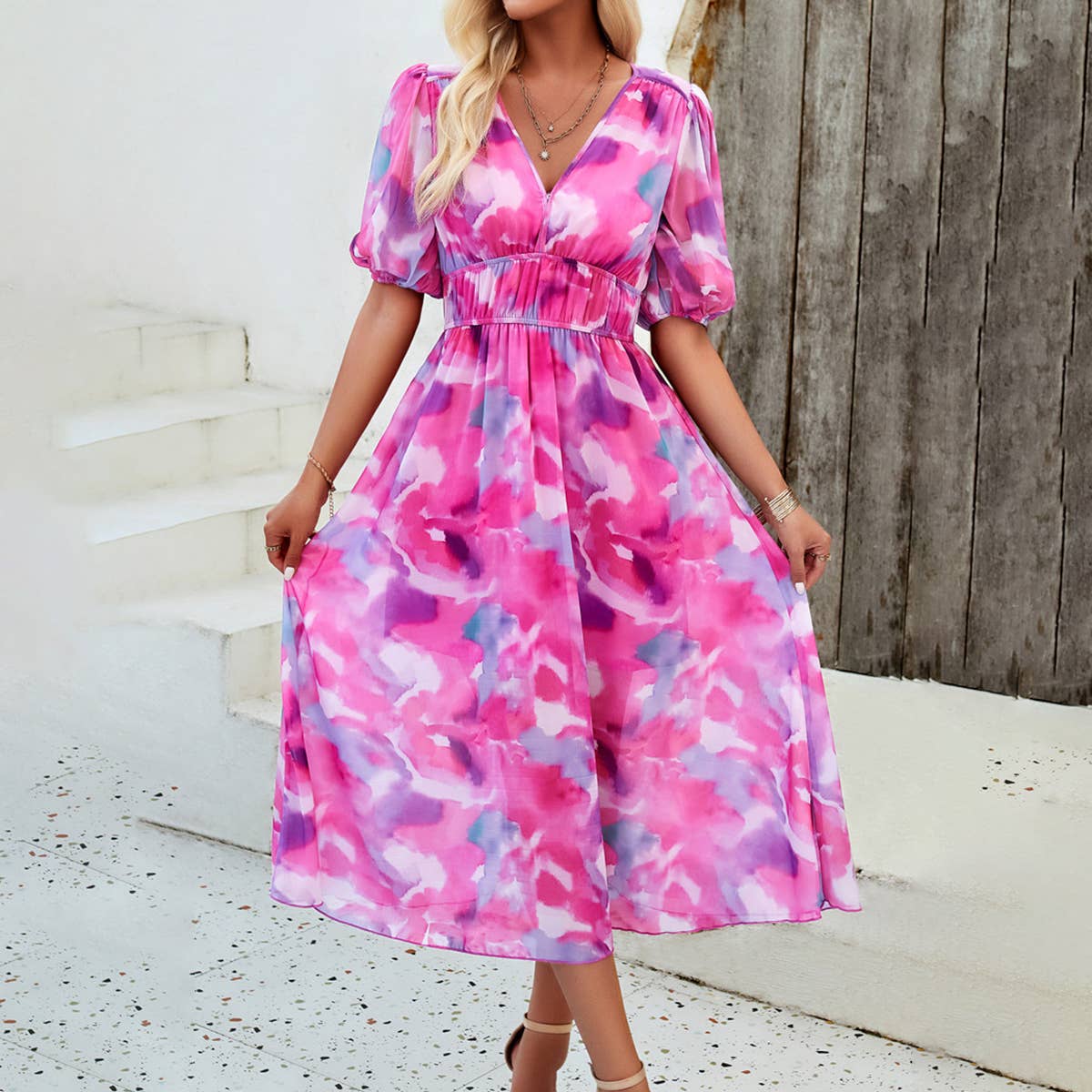 Waist collection printed V-neck dress_CWDMD1502