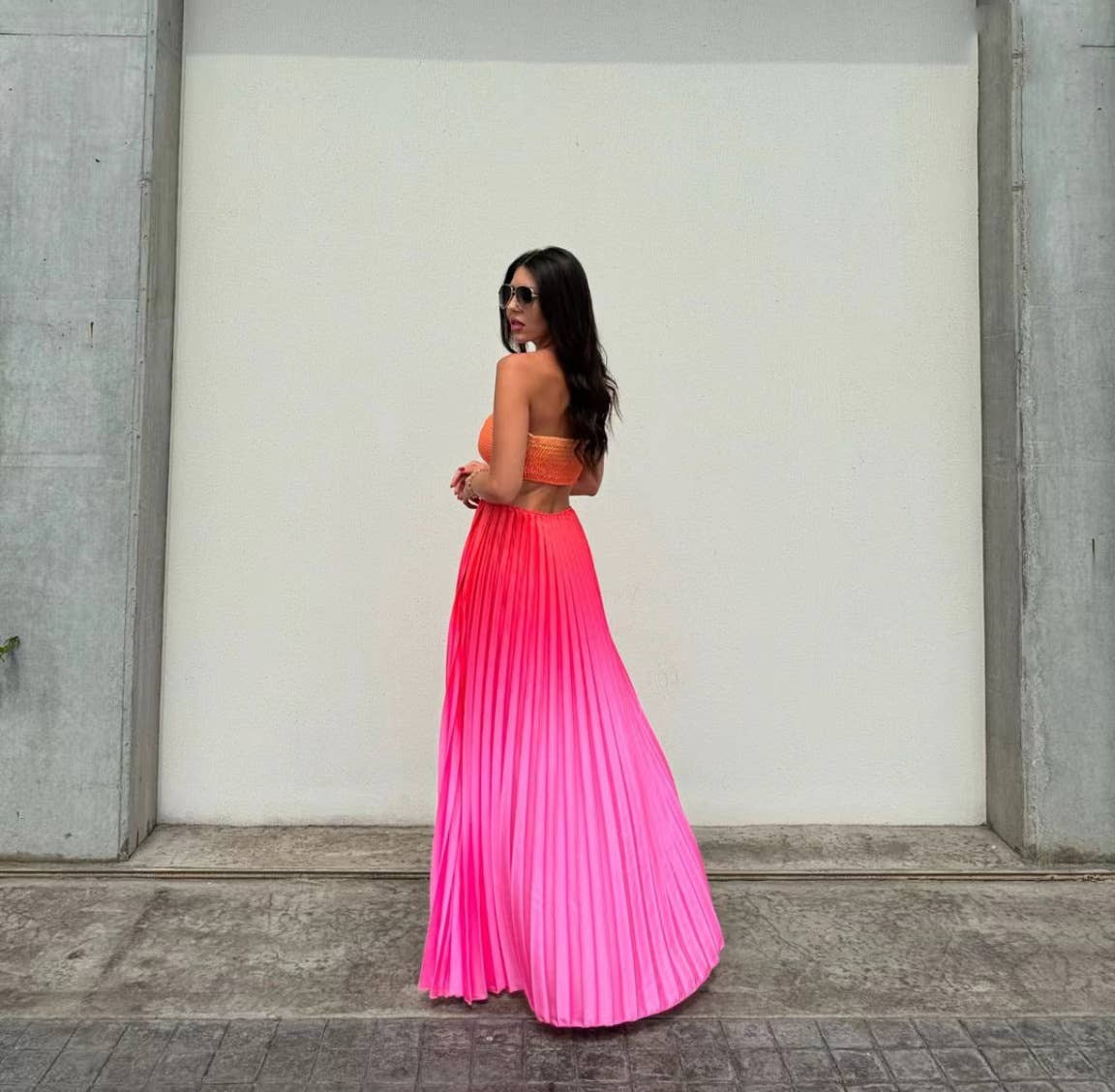 Gradient Halter Pleated Beach Vacation Dress