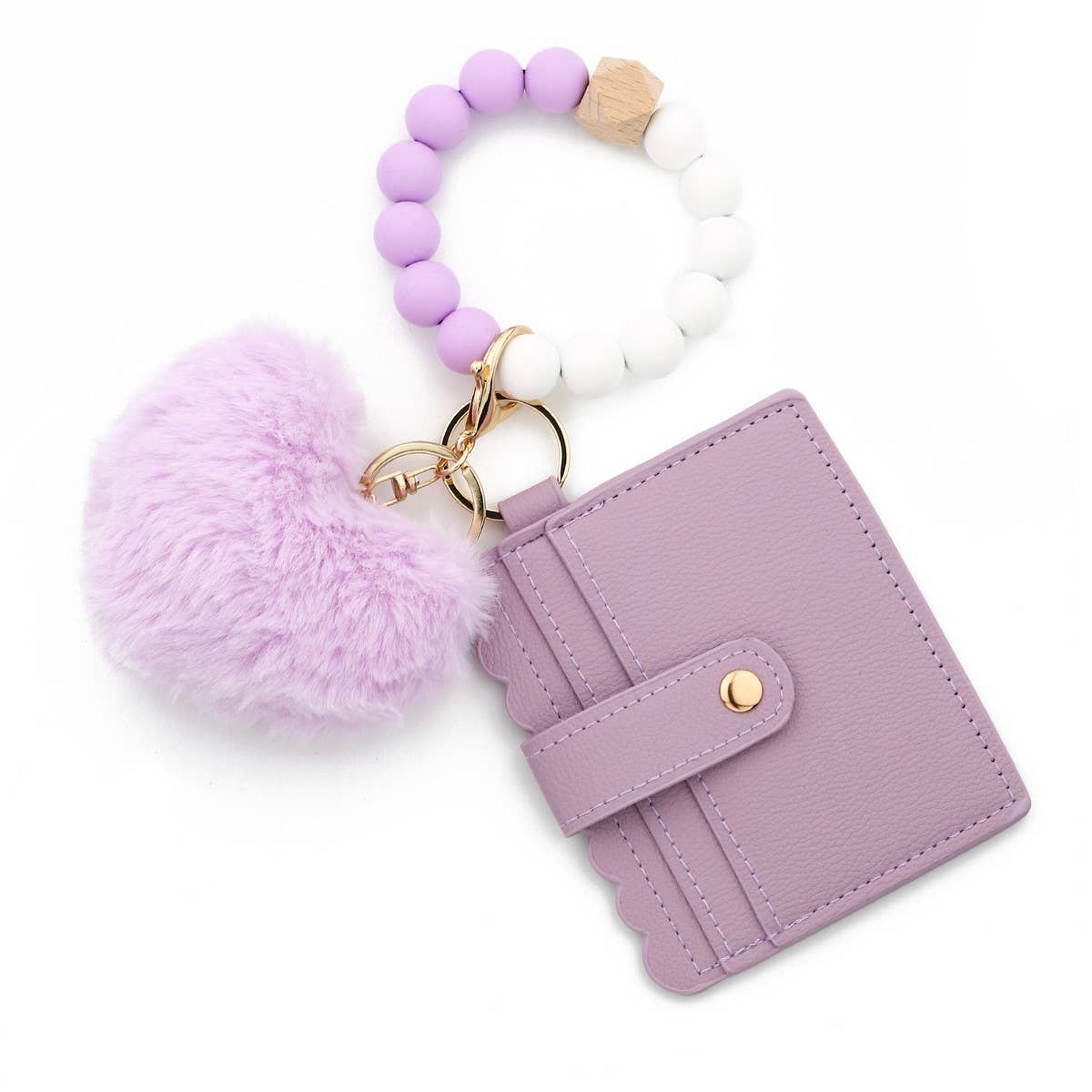 Heart Fur Ball Keychain Wallet with Bead Bracelet_CUAB00448