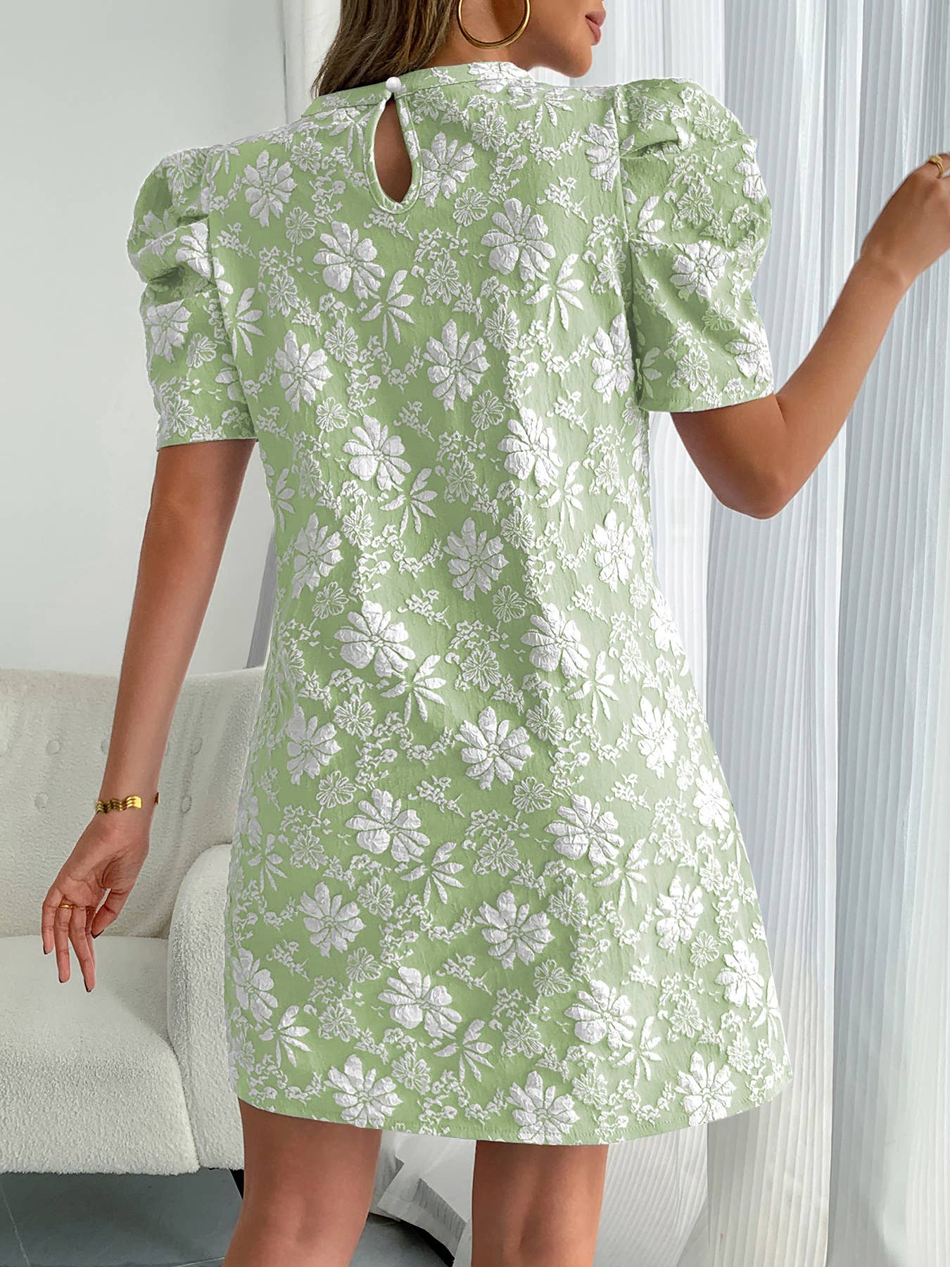 Textured puff sleeve vintage mini dress