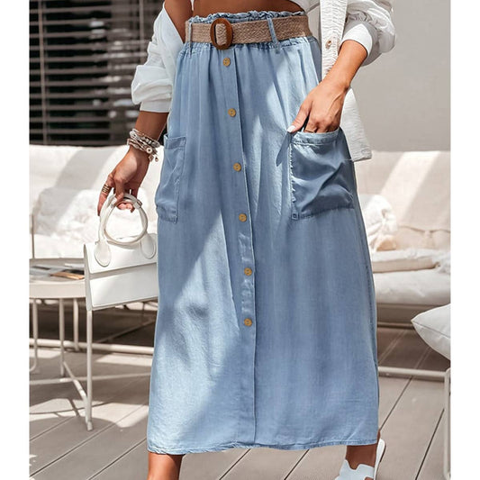 Casual loose high-waisted denim solid color skirt