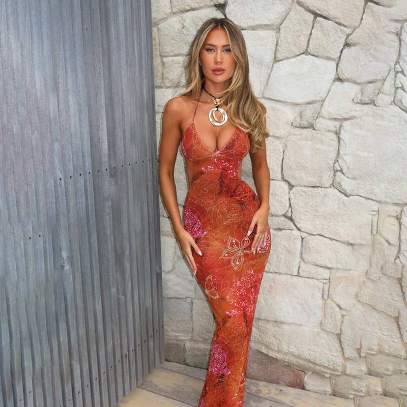 Sexy decolletage long holiday dress with hip wrap