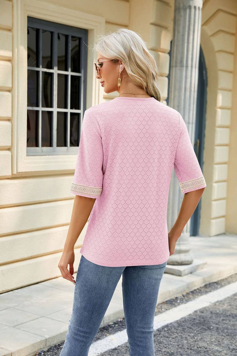V NECK LACE STITCHING SOLID COLOR LOOSE TOP_CWTSTS0187