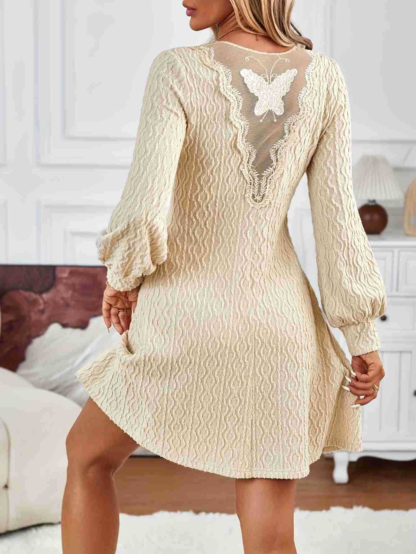 V-neck lace trim lantern sleeve dress