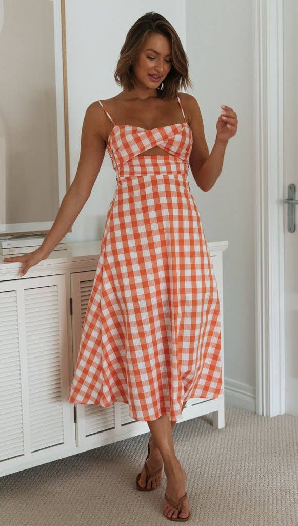 Plaid Cutout Front Backless Maxi Dress