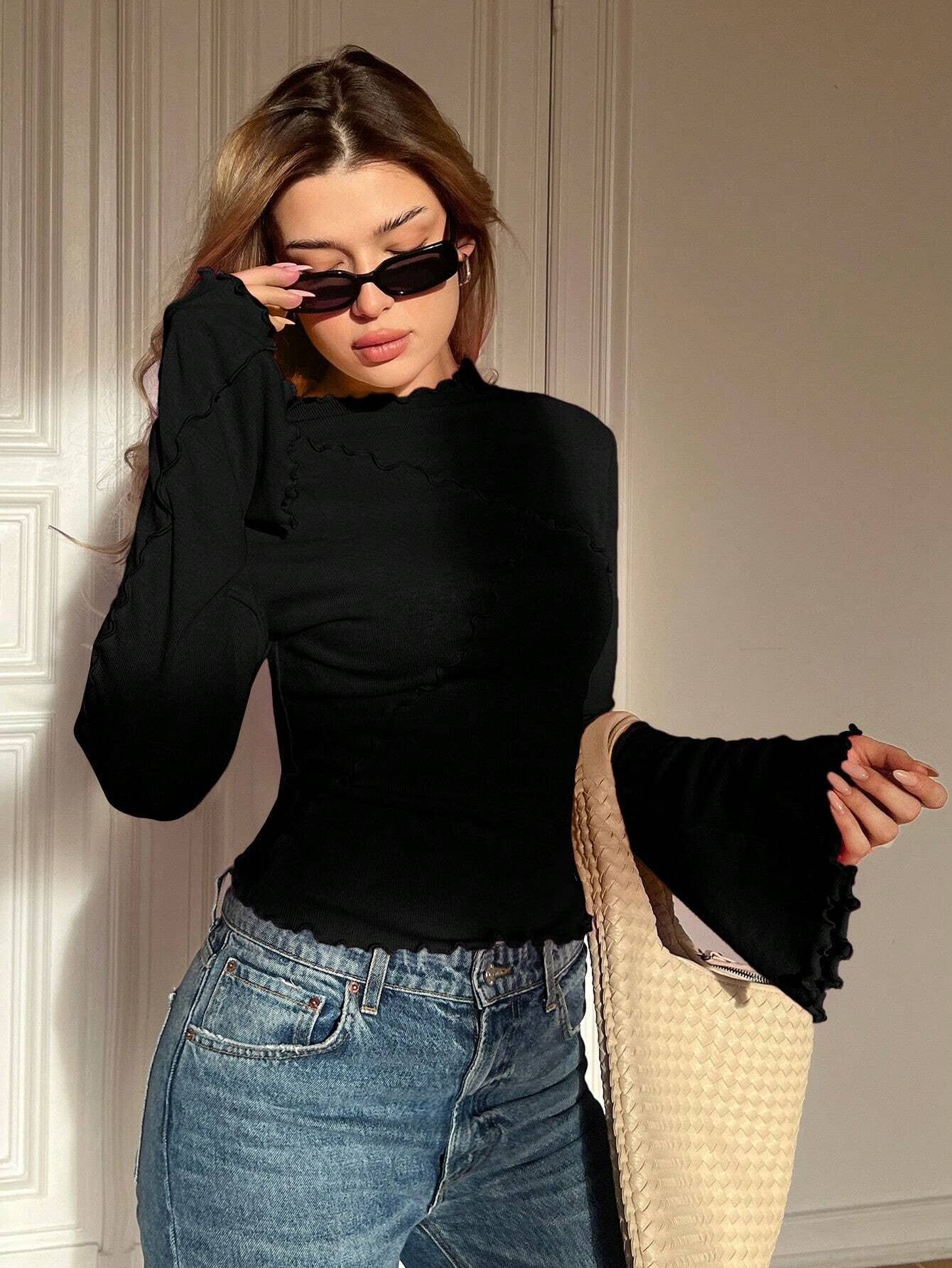 STYLISH BEVELLED TRUMPET SLEEVE ROLL-UP SWEATER