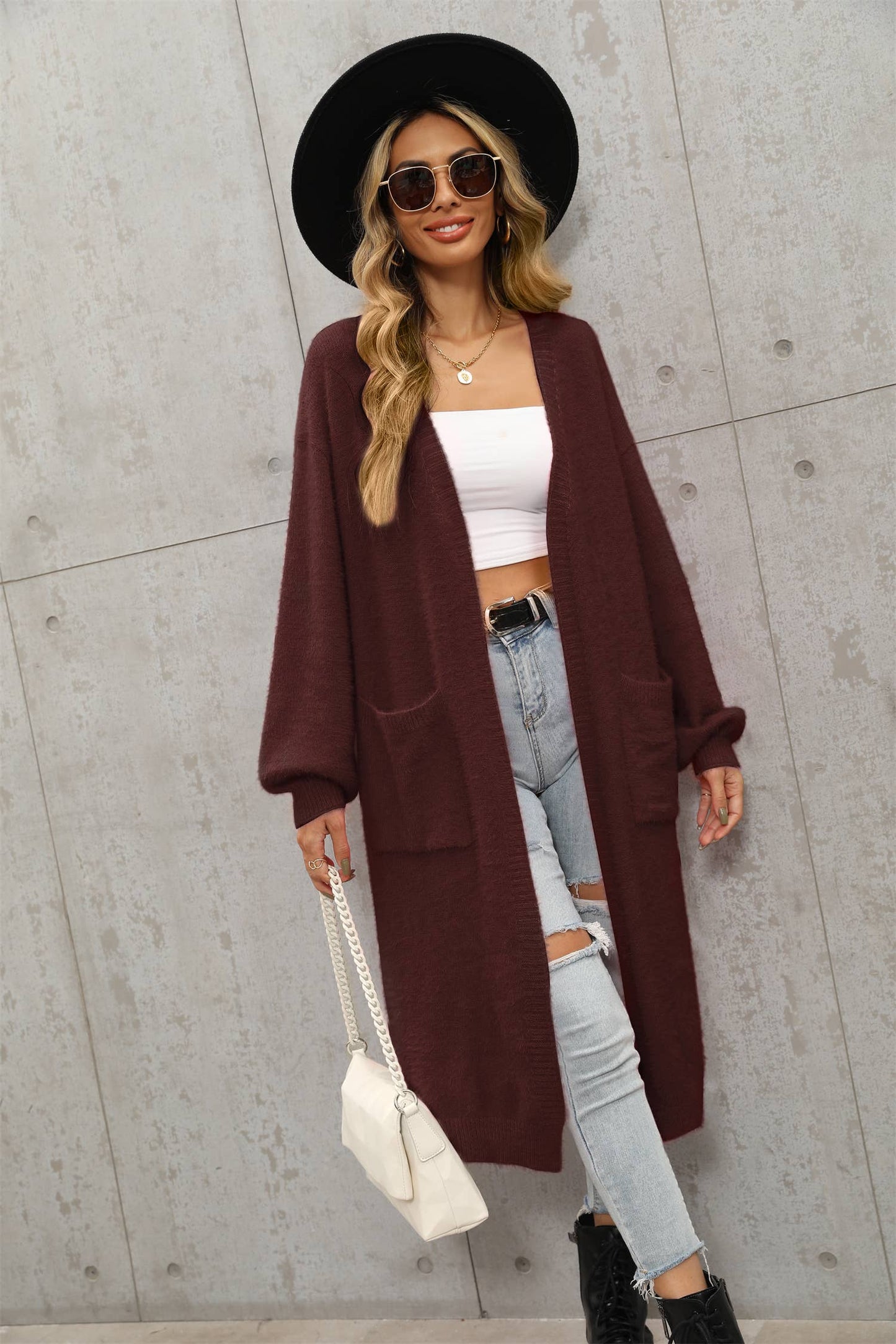 Solid color high-grade unbuttoned long cardigan