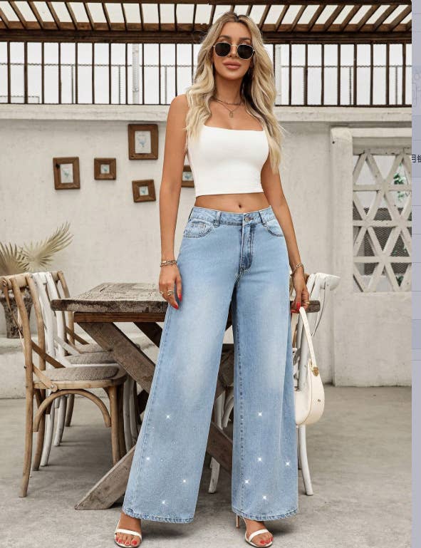 Low-waisted straight-leg,diamond wide-leg jeans