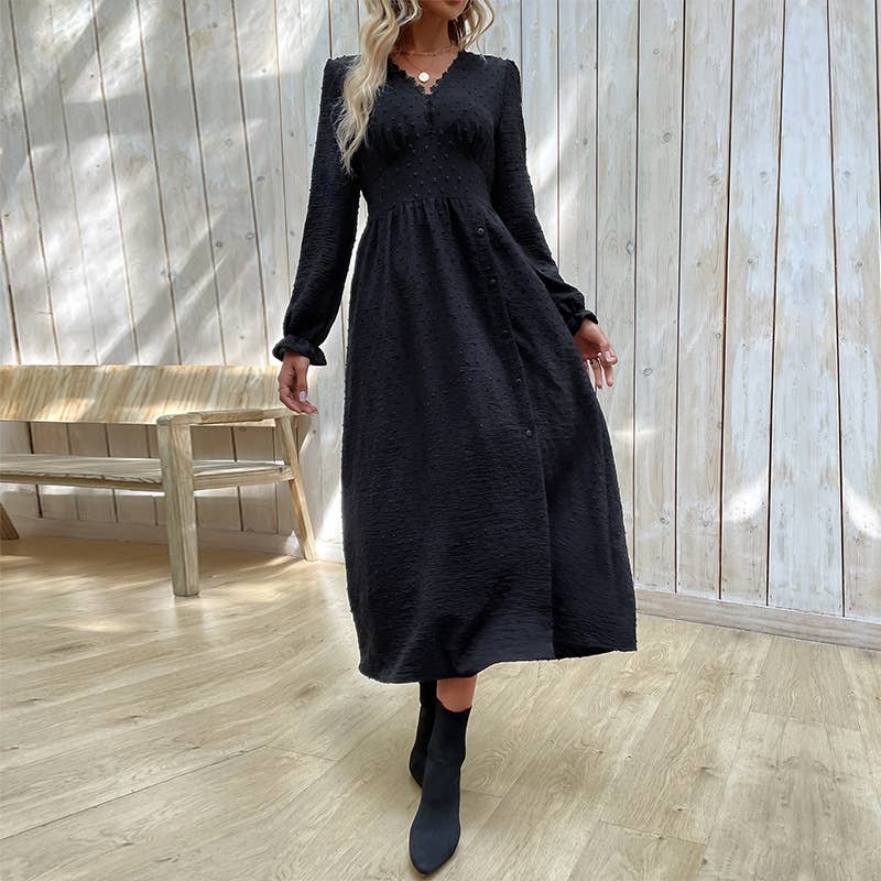 LONG-SLEEVED BLACK POLKA DOT JACQUARD SLIT DRESS
