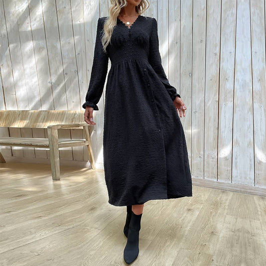 LONG-SLEEVED BLACK POLKA DOT JACQUARD SLIT DRESS