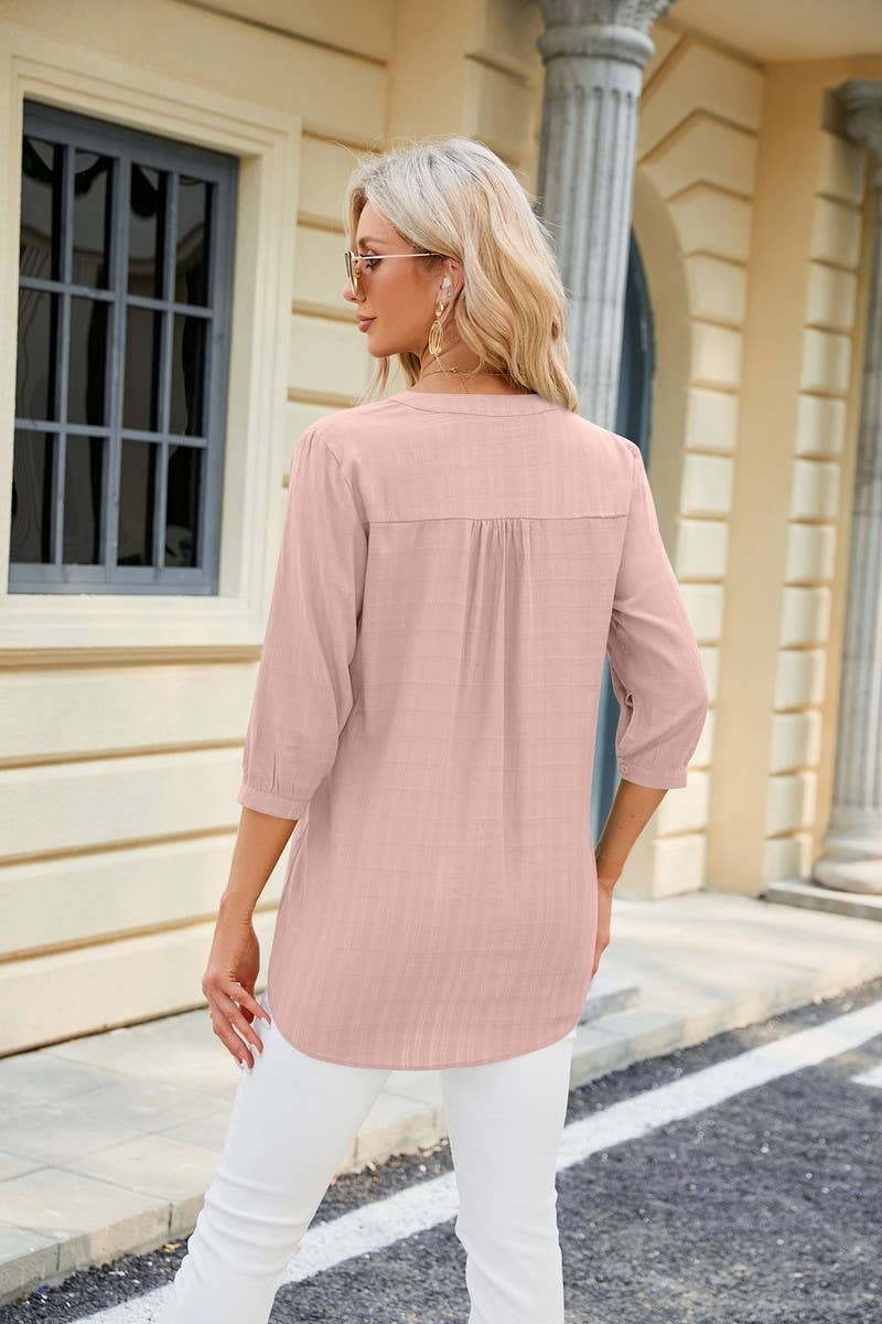 V NECK BUTTON UP T SHIRT_CWTSTS0283