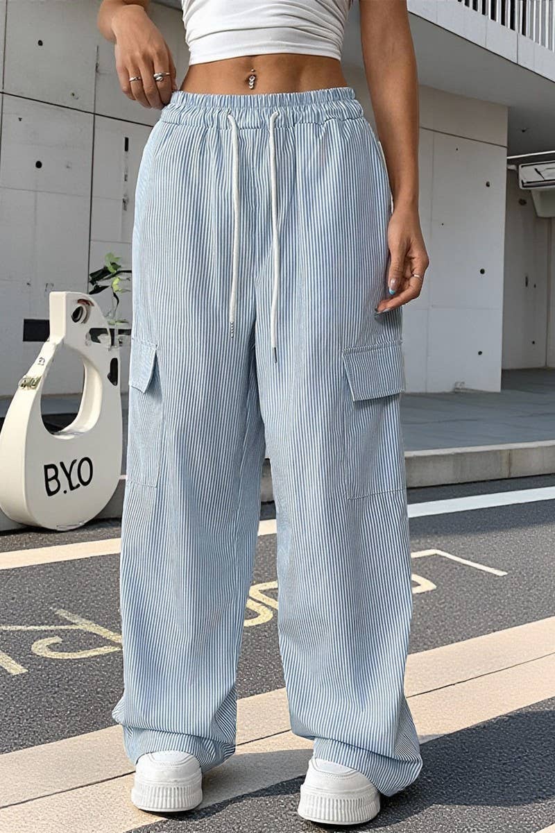 CWBLP00934_STRIPED TIE WAIST LIGHTWEIGHT WIDE LEG PANTS