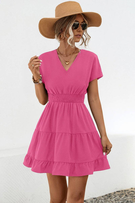 CWDSD4949_CASUAL V-NECK SOLID COLOR SHORT DRESS