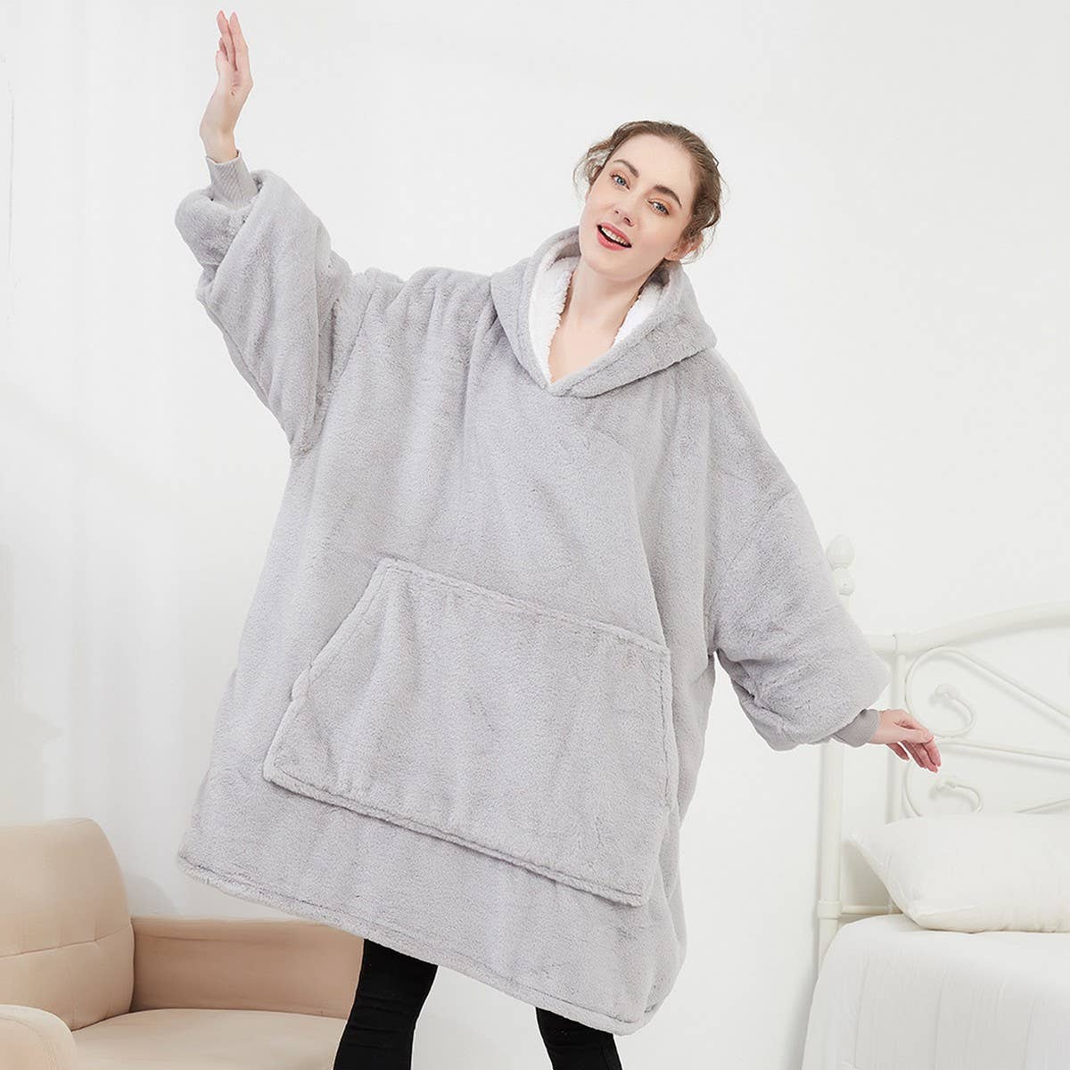 Plus Size Wearable Hoodie Blanket with Bunny Fur_CWAHA6518