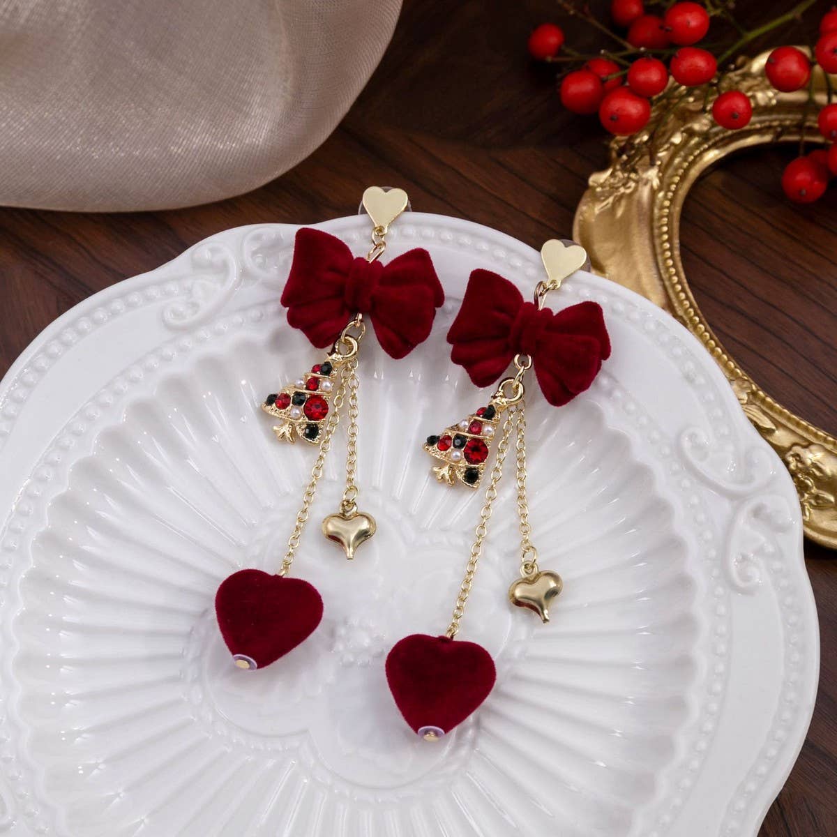 NEW BURGUNDY BOW LONG HEART EARRINGS