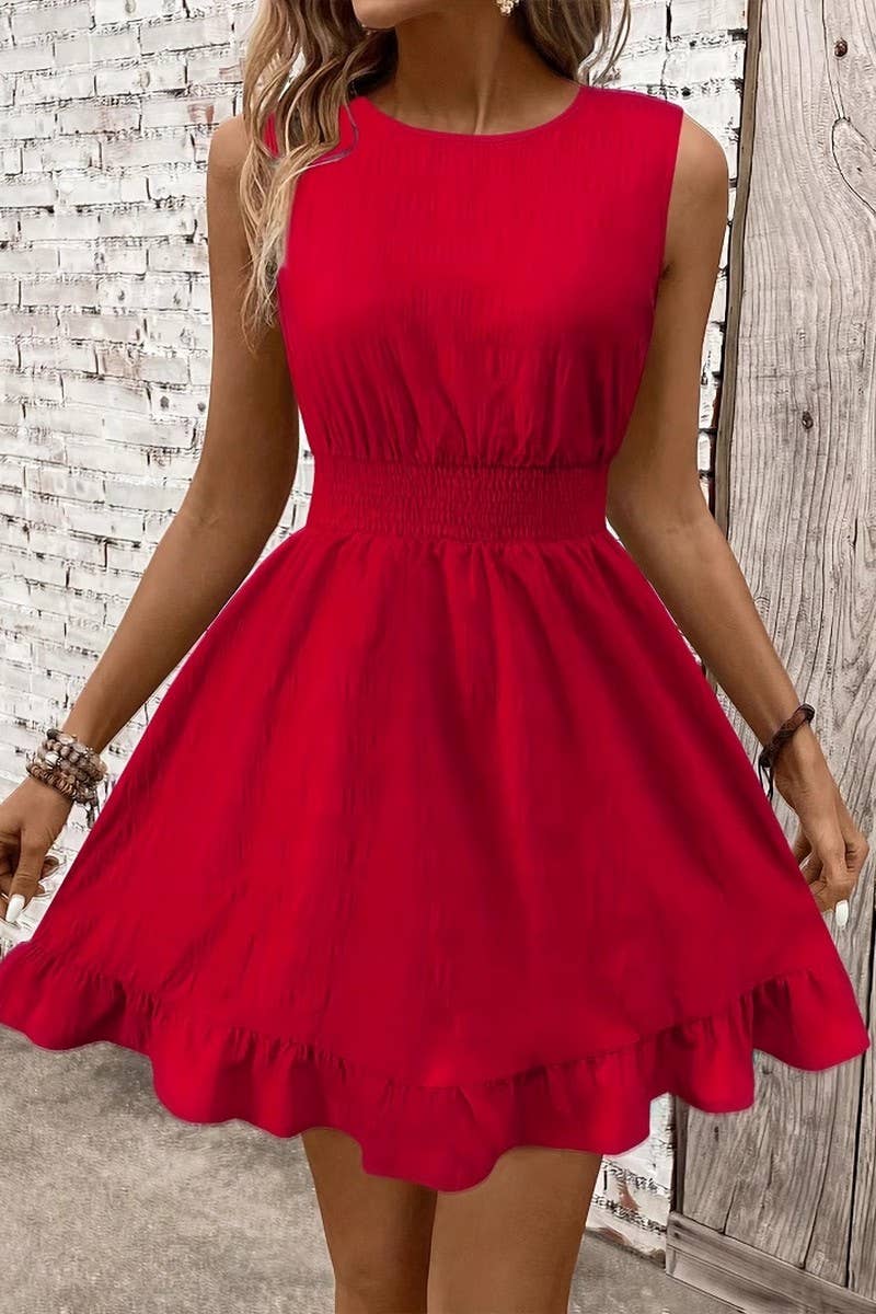 CWDSD8763_SUMMER WAIST-HUGGING SLEEVELESS RUFFLED DRESS