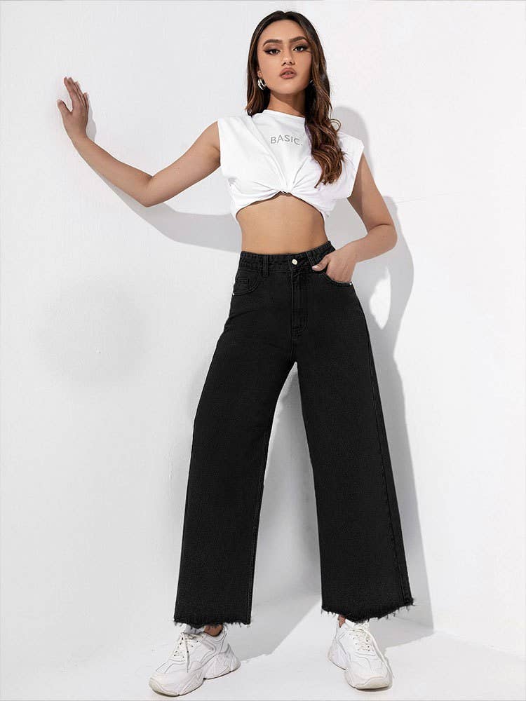 High-waisted straight-leg wide-leg fringed jeans