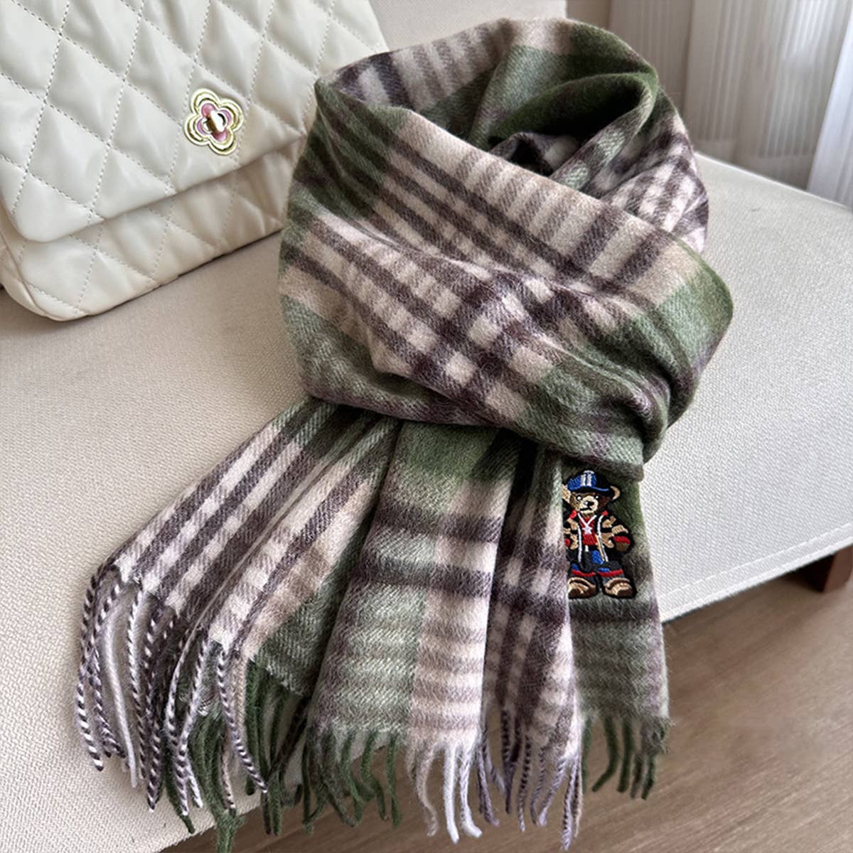 British Plaid Bear Scarf - Unisex Winter Warm Wrap_CWASC1496