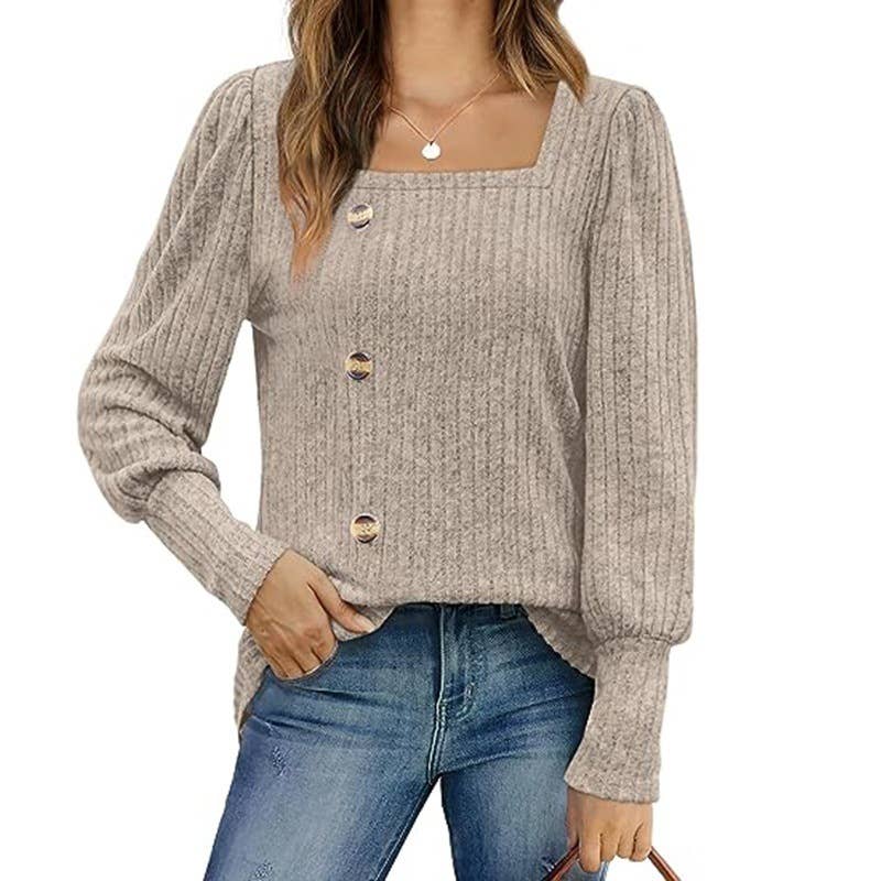 SQUARE BUTTON-DOWN COLLAR AND PUFFED SLEEVES TOP