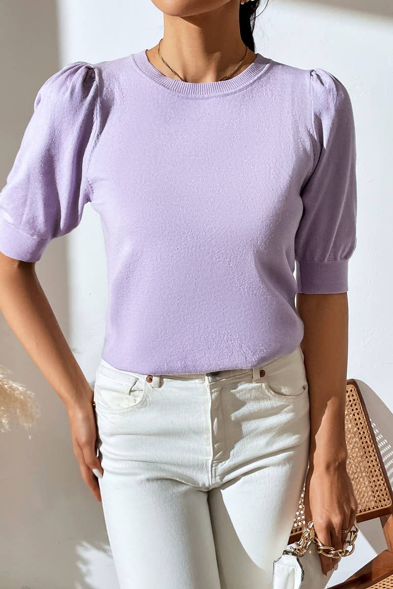 Cwtts0731_Crew Neck Puff Short Slv Soft Pullover Sweater