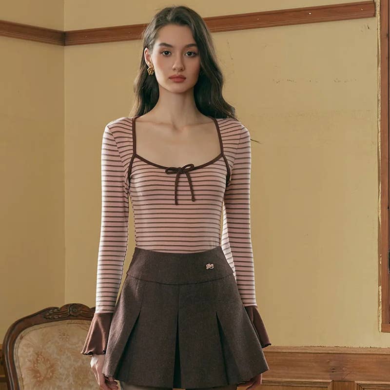 STRIPED SQUARE NECK FLARED LONG SLEEVE TOP