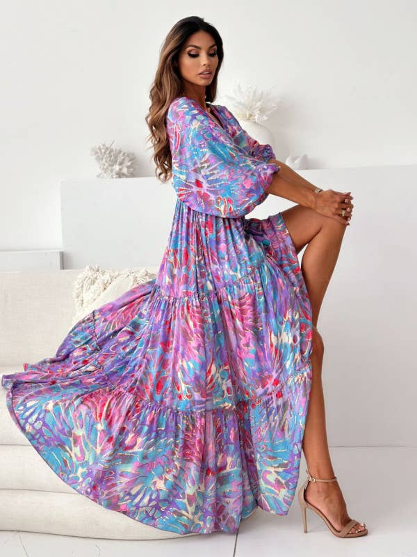 Sexy deep V abstract big floral print split dress