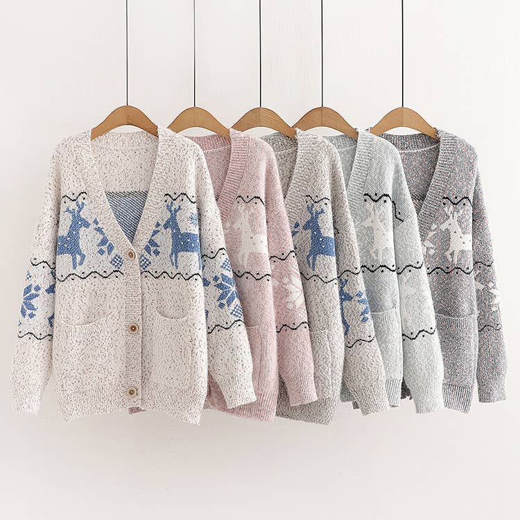 SINGLE BREASTED CHRISTMAS DEER JACQUARD CARDIGAN