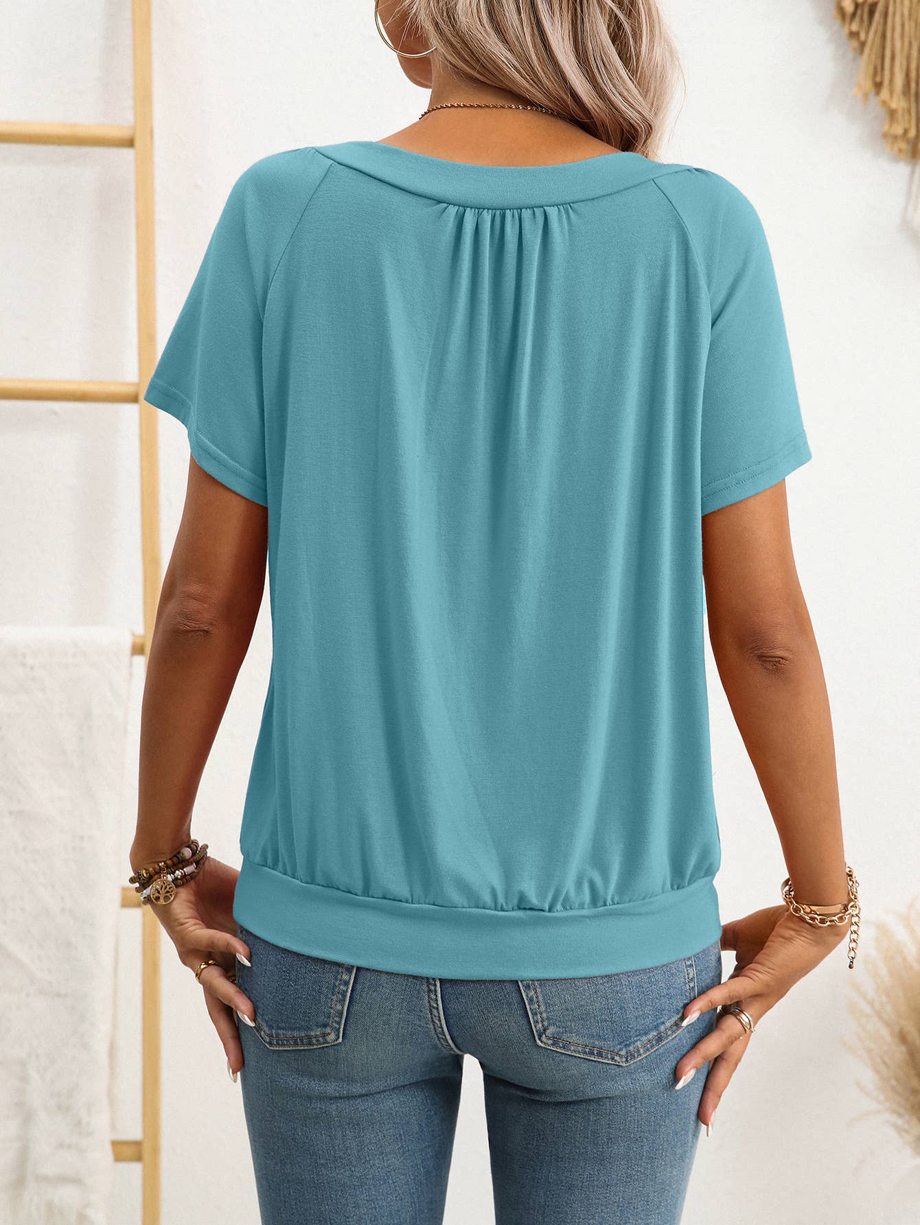 V-neck pleated loose short-sleeved cotton Top