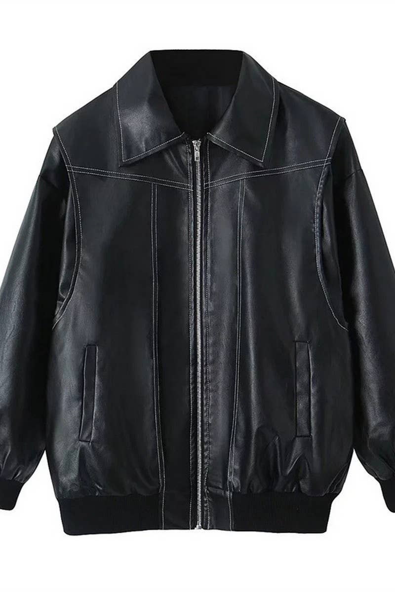 CWOJA0863_SOLID LOOSE FIT ZIP-UP MOTORCYCLE JACKET