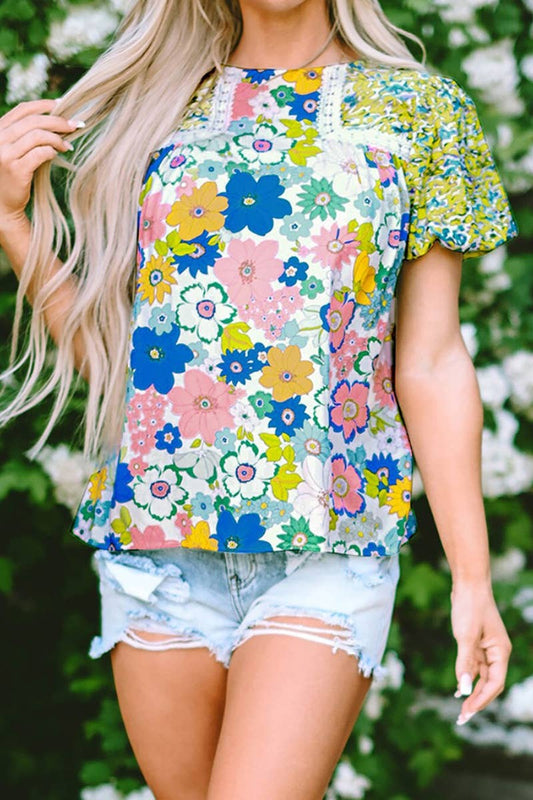 Cwtbls1259_Short-Sleeved Floral Print Crew-Neck Top