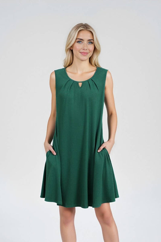 CWDSD10546_SUMMER ROUND NECK PLEATED SLEEVELESS POCKET DRESS