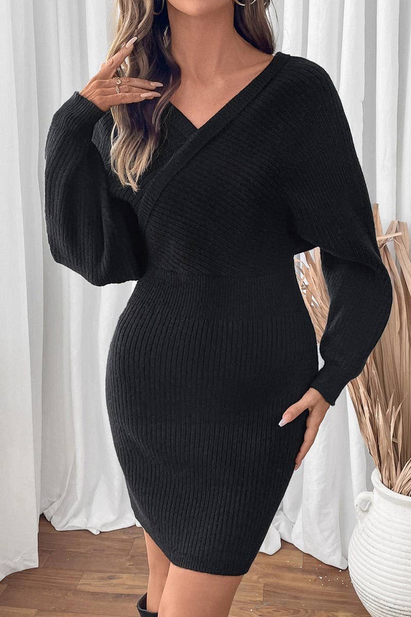 CWDSD7299_BATWING SLEEVE SOLID COLOR KNITTED SWEATER DRESS